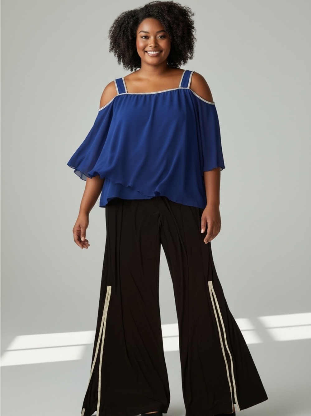 Cocktail MSK Royal Blue Cold-Shoulder Blouse L with Black Wide-Leg Pants M